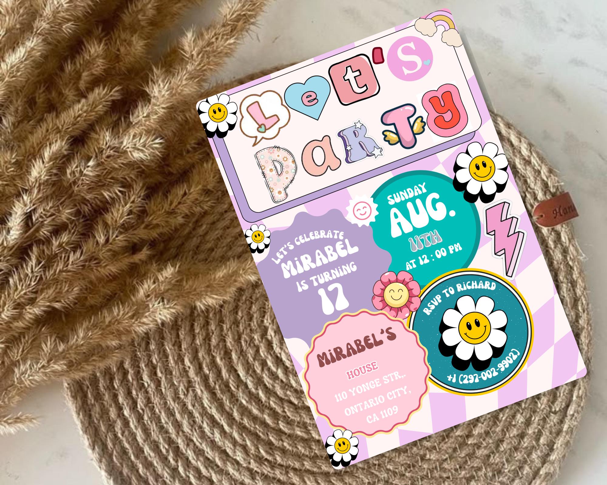 Preppy Smile Face Birthday Invite| Editable Groovy Retro birthday| Teen Party & Tween Birthday Evite| Girl Birthday Emoji| Editable Template