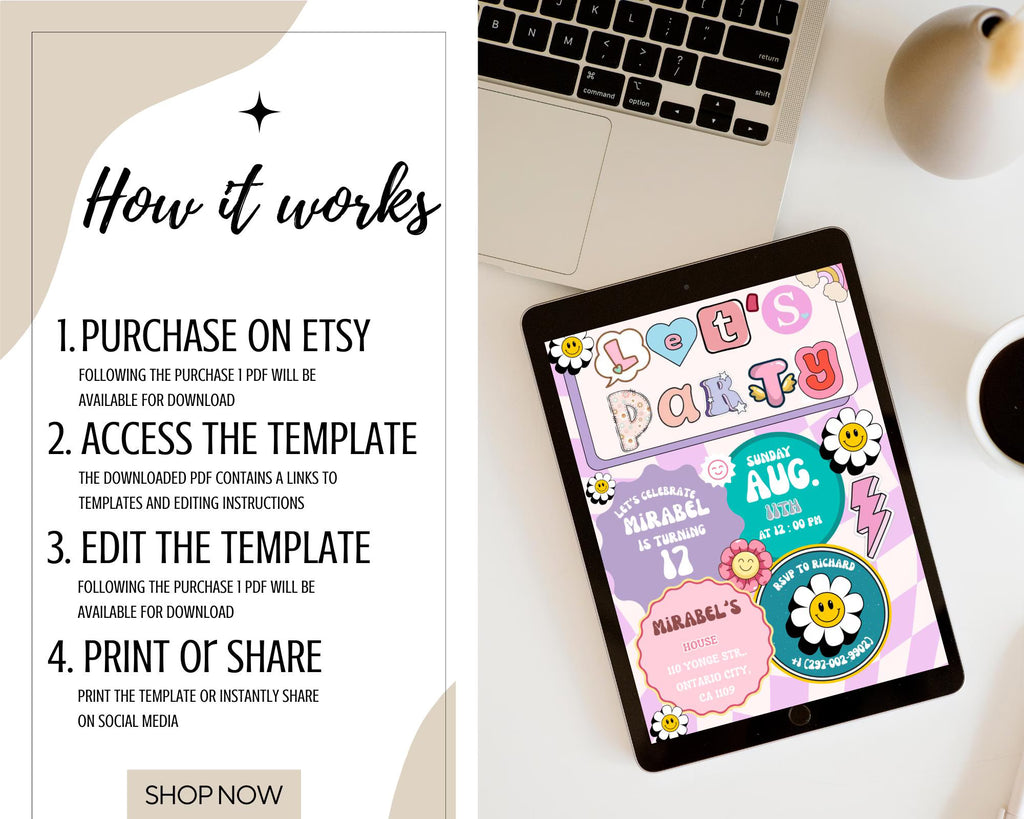 Preppy Smile Face Birthday Invite| Editable Groovy Retro birthday| Teen Party & Tween Birthday Evite| Girl Birthday Emoji| Editable Template