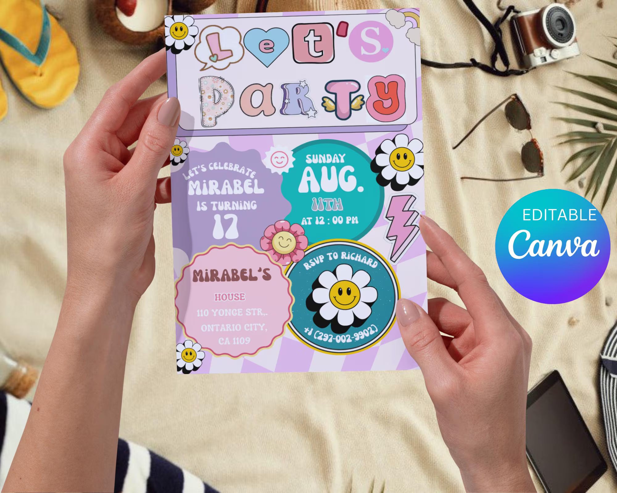 Preppy Smile Face Birthday Invite| Editable Groovy Retro birthday| Teen Party & Tween Birthday Evite| Girl Birthday Emoji| Editable Template