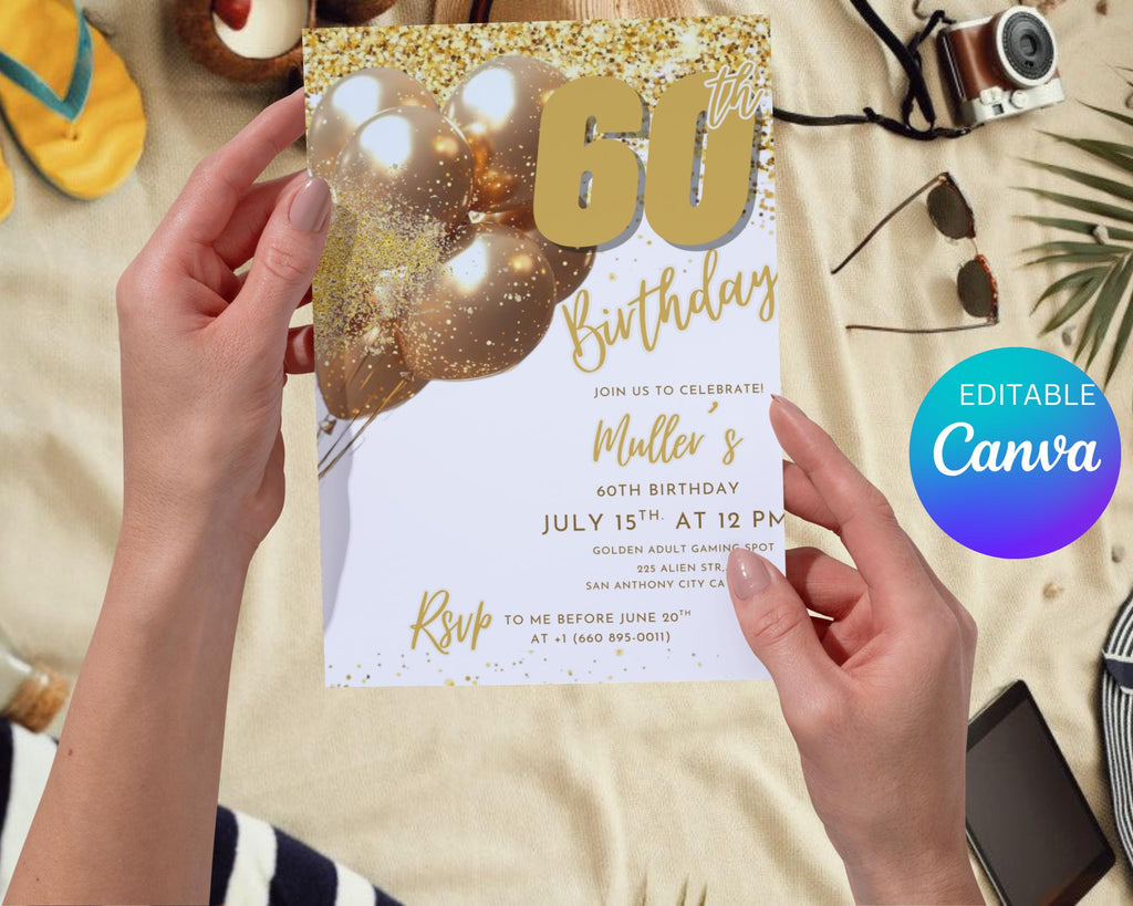 Digital 60th Birthday Invitation For Man| Editable 60th Invitation| Virtual Gold Champagne Sixty Party Invitation For Him| Editable Template