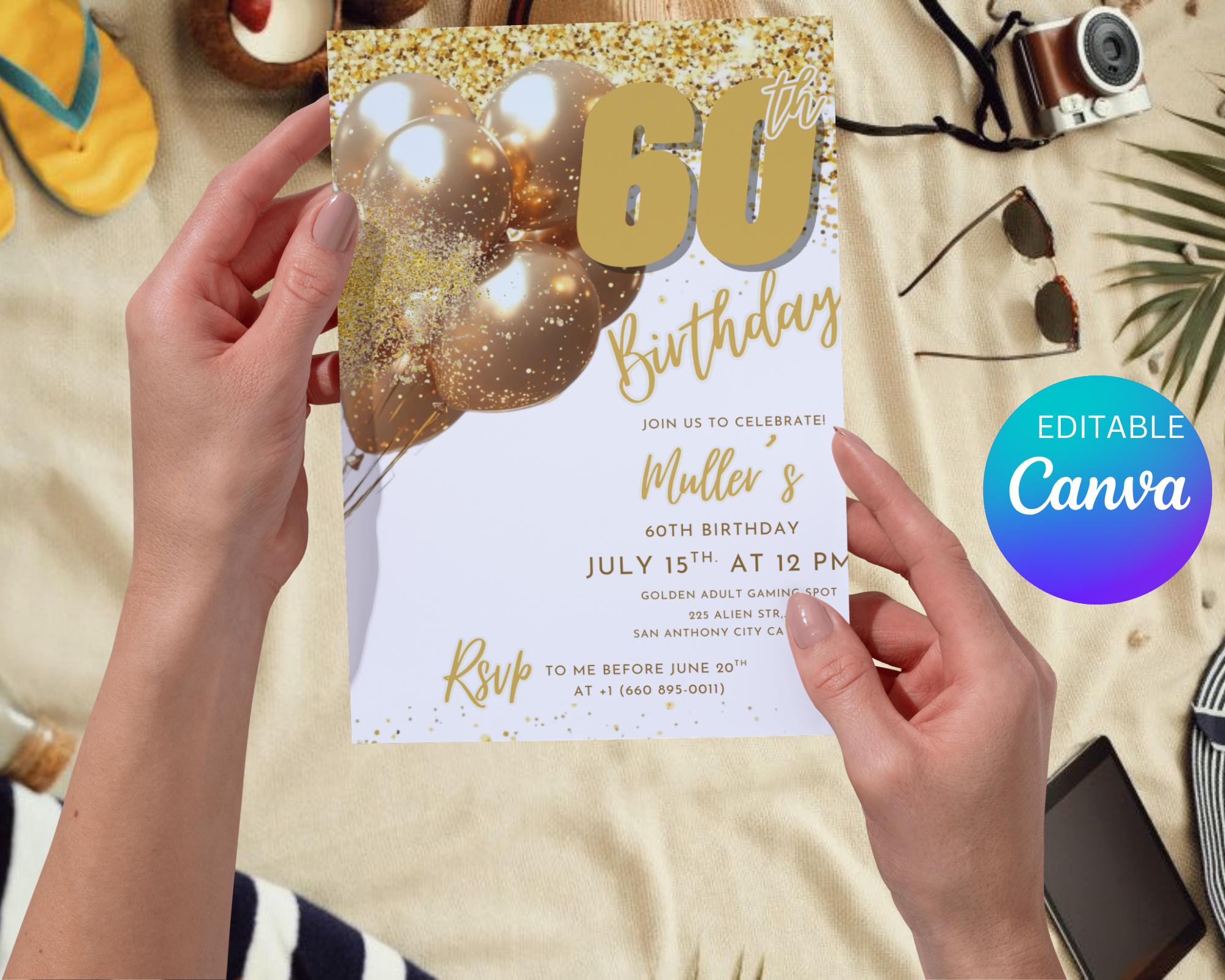 Digital 60th Birthday Invitation For Man| Editable 60th Invitation| Virtual Gold Champagne Sixty Party Invitation For Him| Editable Template
