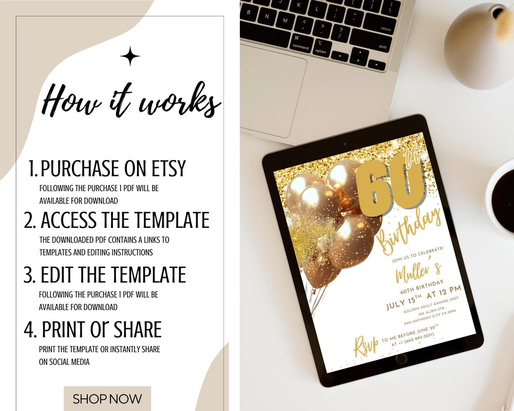 Digital 60th Birthday Invitation For Man| Editable 60th Invitation| Virtual Gold Champagne Sixty Party Invitation For Him| Editable Template