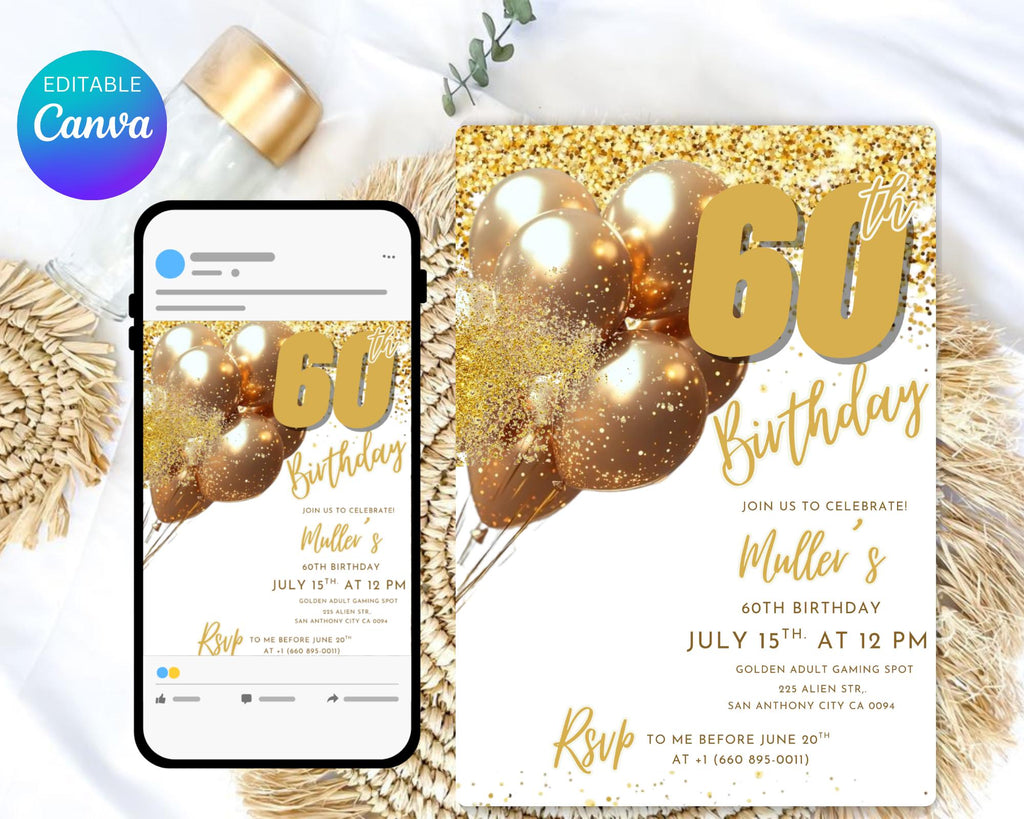 Digital 60th Birthday Invitation For Man| Editable 60th Invitation| Virtual Gold Champagne Sixty Party Invitation For Him| Editable Template