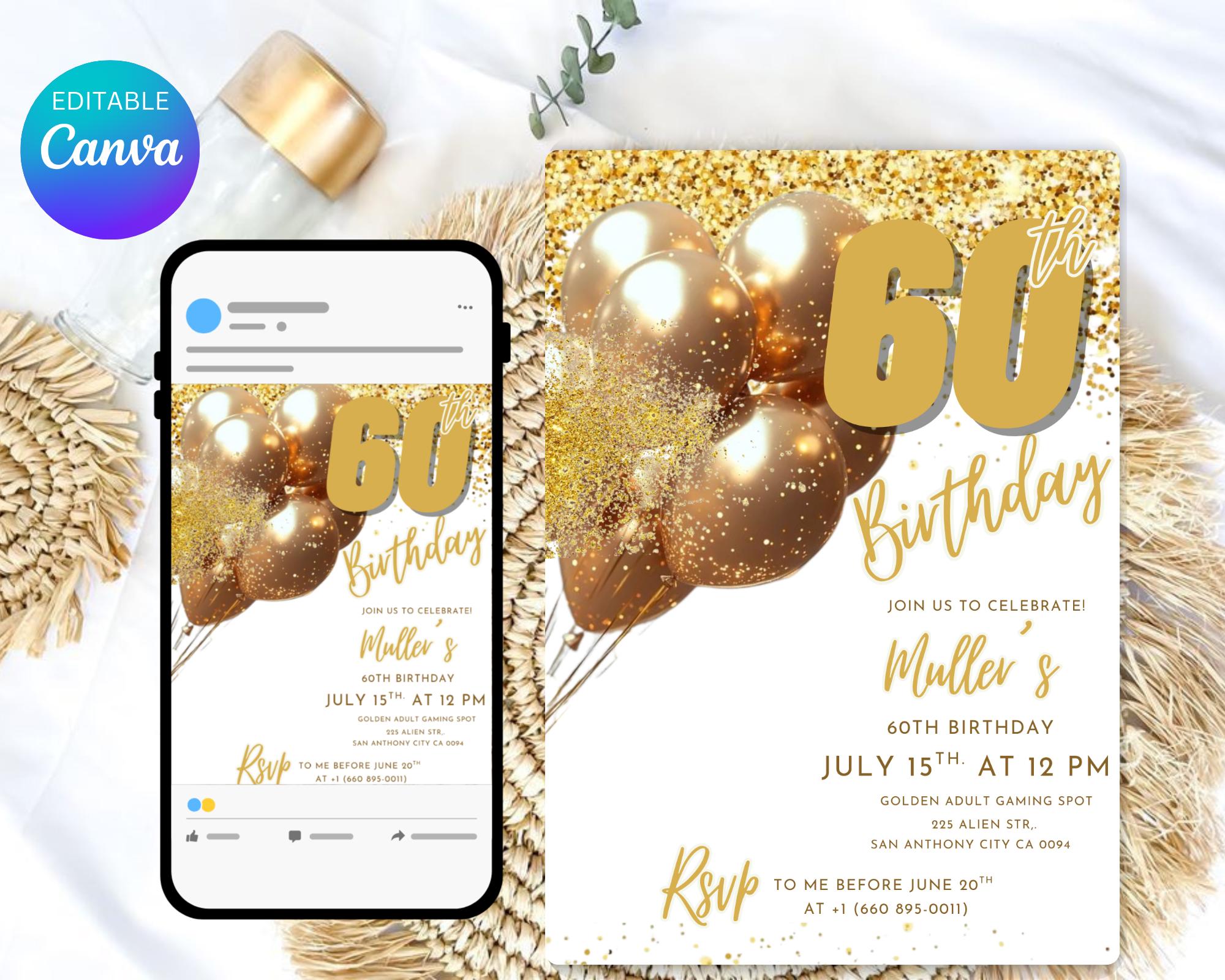 Digital 60th Birthday Invitation For Man| Editable 60th Invitation| Virtual Gold Champagne Sixty Party Invitation For Him| Editable Template