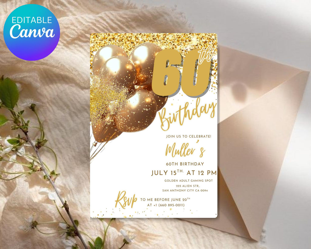 Digital 60th Birthday Invitation For Man| Editable 60th Invitation| Virtual Gold Champagne Sixty Party Invitation For Him| Editable Template
