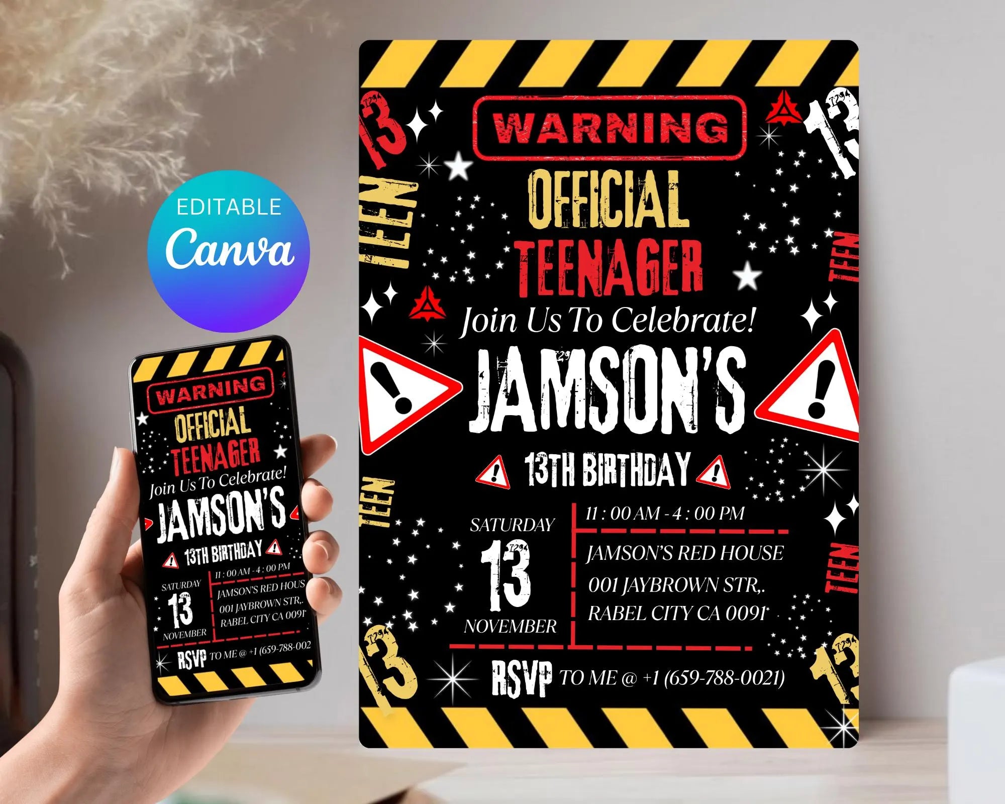 Warning Official Teenager 13th Birthday Invitation| Teenager 13th Invitation| Editable Boy Teenager 13th Birthday Invites| Editable Template