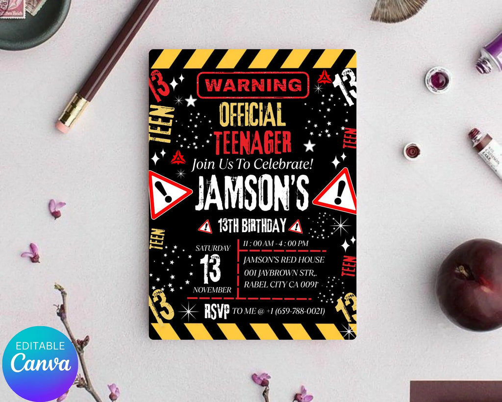 Warning Official Teenager 13th Birthday Invitation| Teenager 13th Invitation| Editable Boy Teenager 13th Birthday Invites| Editable Template