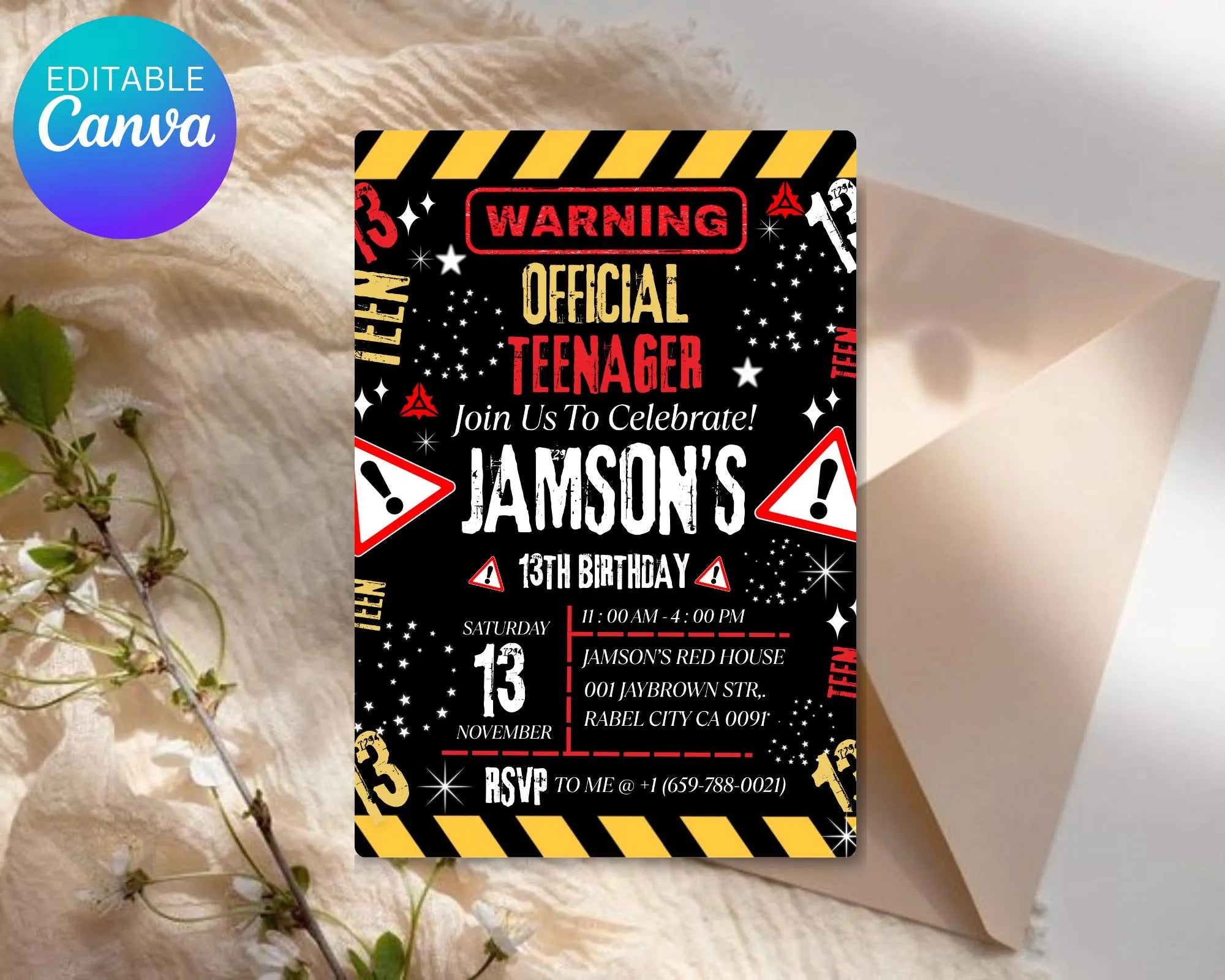 Warning Official Teenager 13th Birthday Invitation| Teenager 13th Invitation| Editable Boy Teenager 13th Birthday Invites| Editable Template