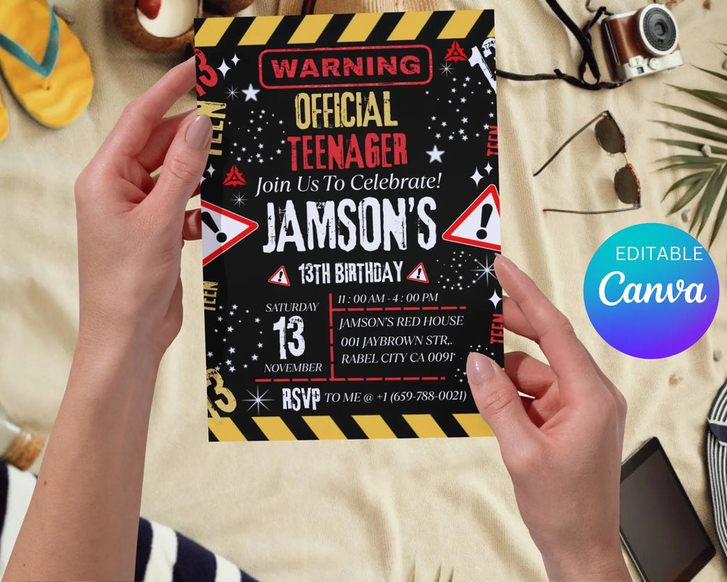 Warning Official Teenager 13th Birthday Invitation| Teenager 13th Invitation| Editable Boy Teenager 13th Birthday Invites| Editable Template
