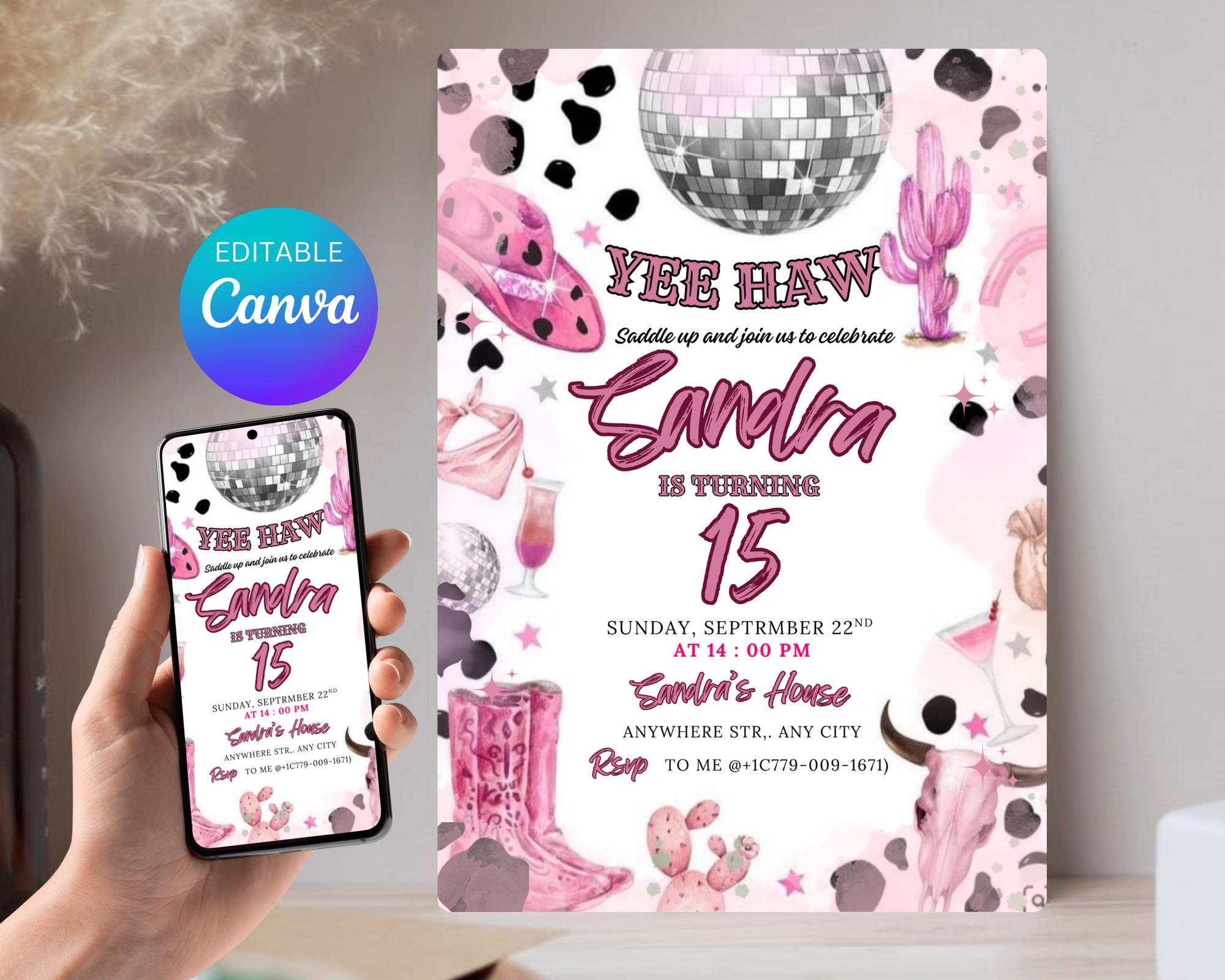 Pink Cowgirl Birthday Party Invitation| Yee Haw Cowgirl Party Rodeo Birthday| Cowgirl Birthday Invitation| Cowgirl Party| Editable Template