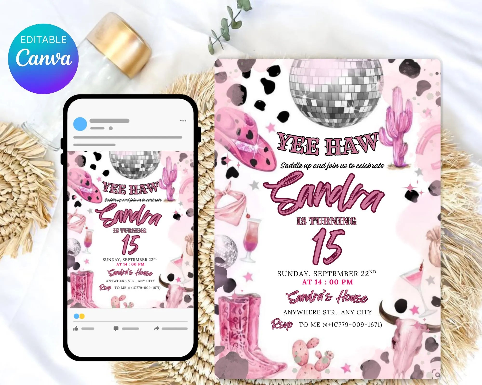 Pink Cowgirl Birthday Party Invitation| Yee Haw Cowgirl Party Rodeo Birthday| Cowgirl Birthday Invitation| Cowgirl Party| Editable Template