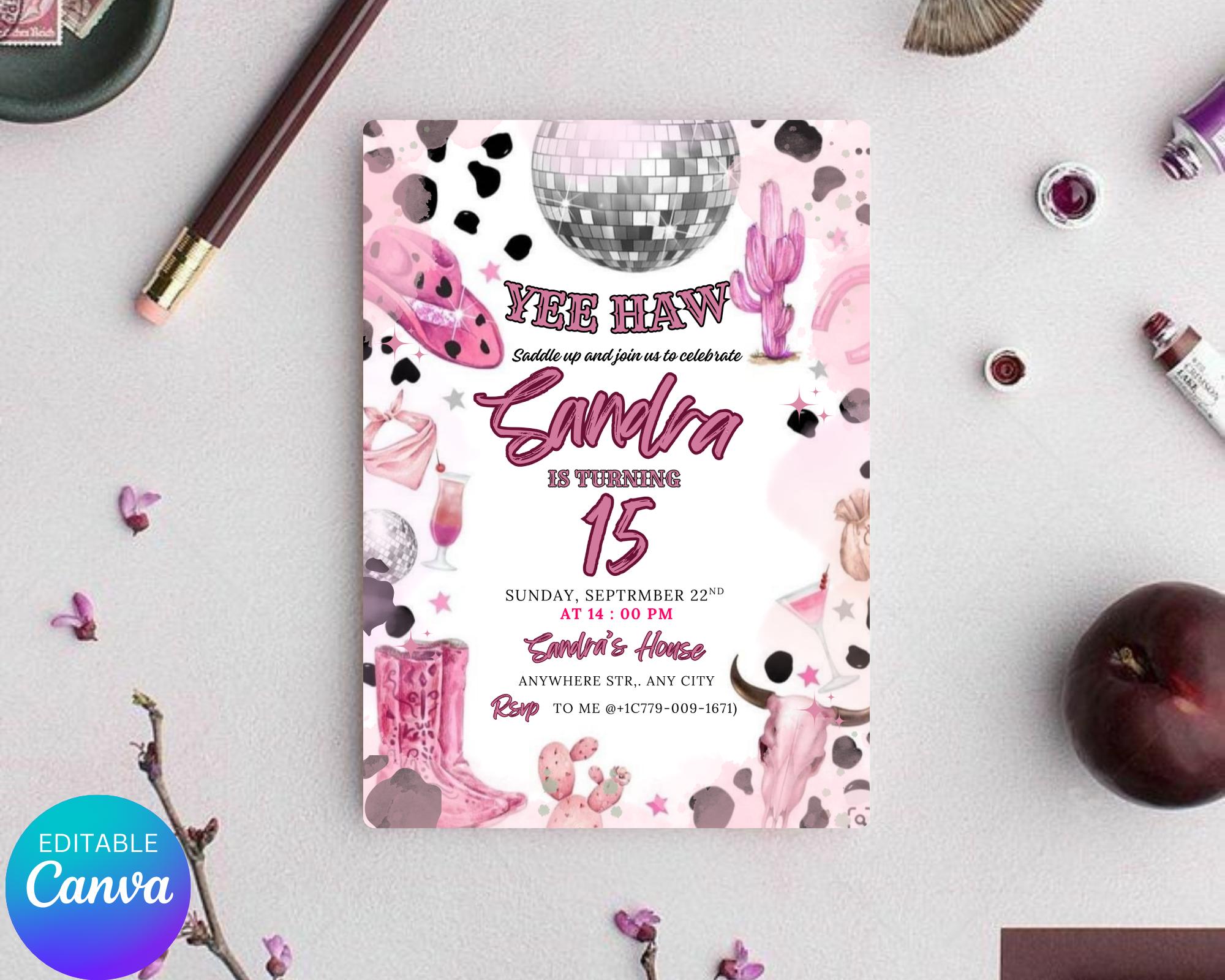 Pink Cowgirl Birthday Party Invitation| Yee Haw Cowgirl Party Rodeo Birthday| Cowgirl Birthday Invitation| Cowgirl Party| Editable Template