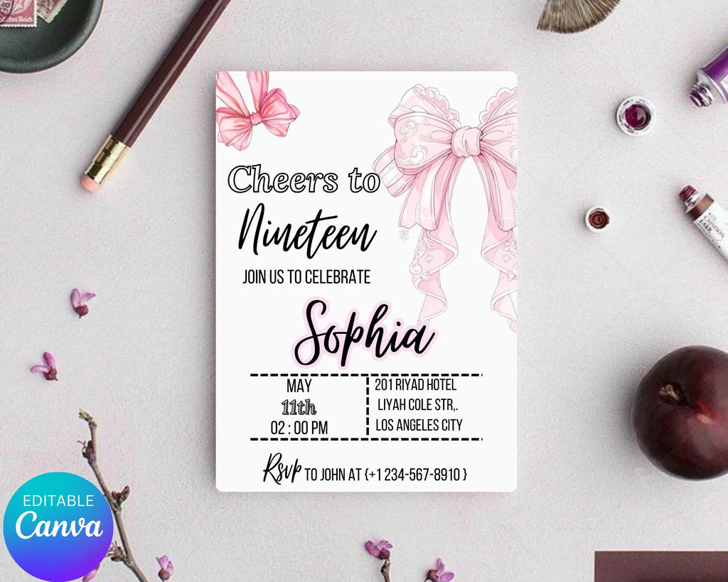 Coquette Pink Bow Birthday Invitation| Pink Bow Birthday Invitation| Pink Coquette Bow Invite| Tutu Cute Birthday Invite| Editable Template