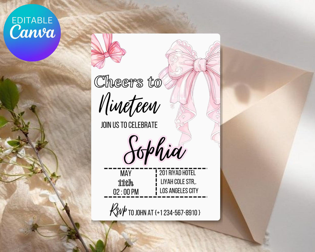 Coquette Pink Bow Birthday Invitation| Pink Bow Birthday Invitation| Pink Coquette Bow Invite| Tutu Cute Birthday Invite| Editable Template