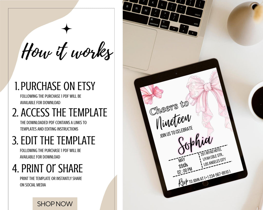Coquette Pink Bow Birthday Invitation| Pink Bow Birthday Invitation| Pink Coquette Bow Invite| Tutu Cute Birthday Invite| Editable Template
