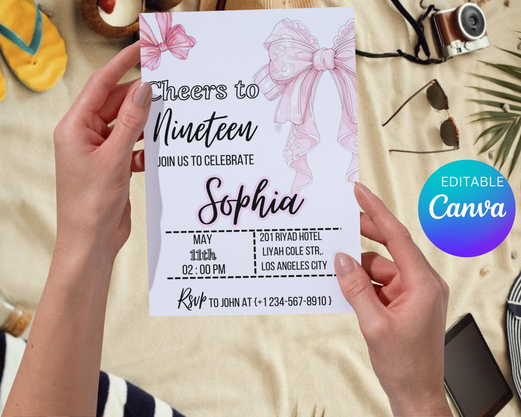 Coquette Pink Bow Birthday Invitation| Pink Bow Birthday Invitation| Pink Coquette Bow Invite| Tutu Cute Birthday Invite| Editable Template