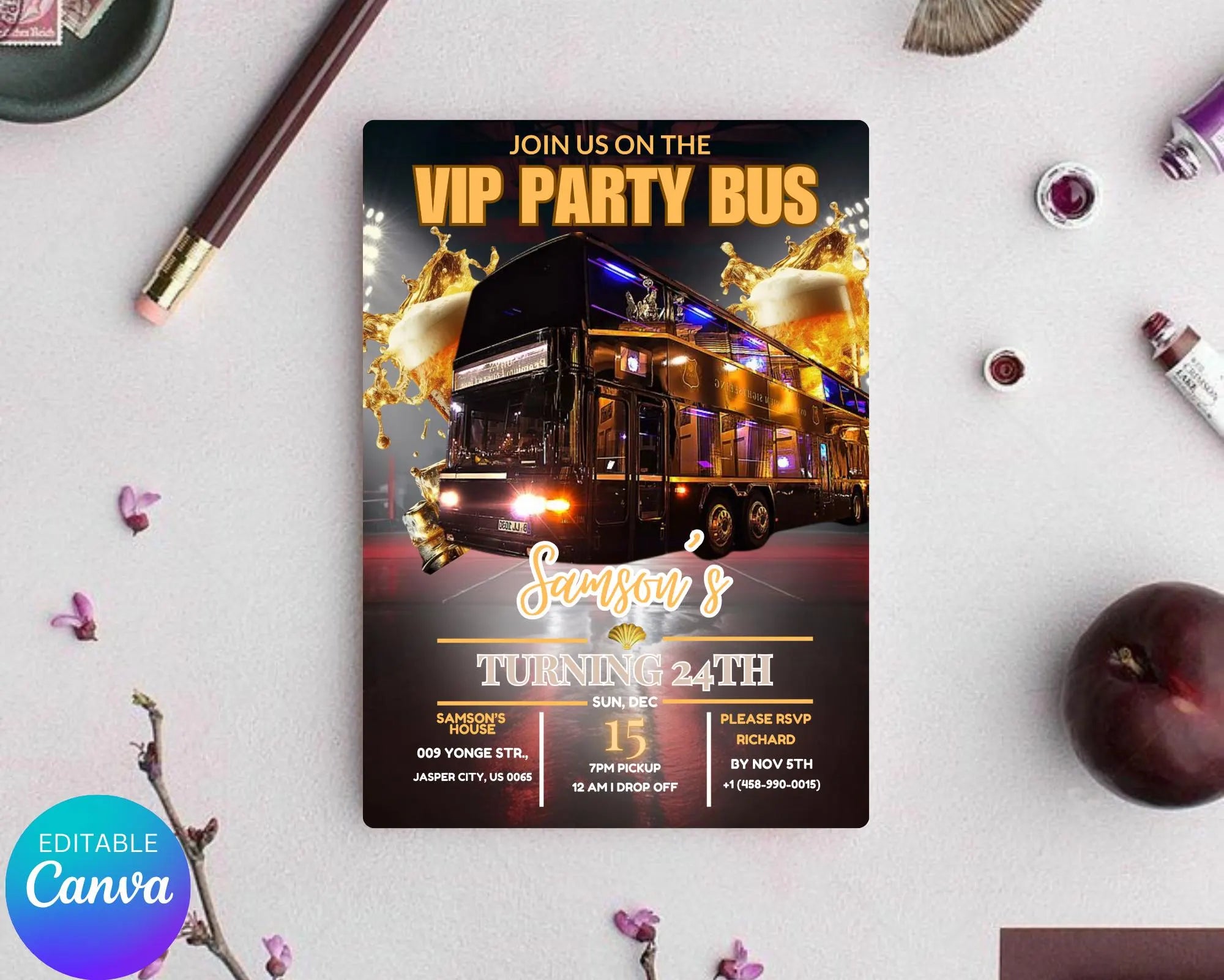 Party Bus Invitation| Black Gold Birthday Invite| Man's Night Out| Digital Birthday Evite| Man's Night Outing Invitation| Editable Template