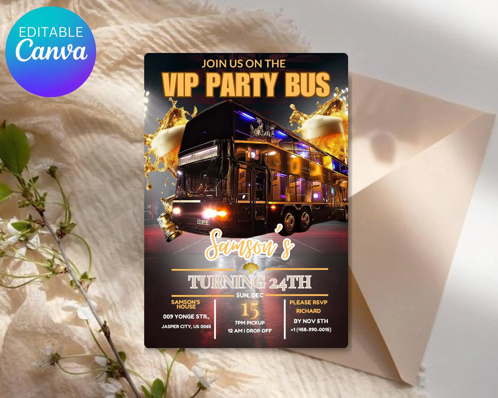 Party Bus Invitation| Black Gold Birthday Invite| Man's Night Out| Digital Birthday Evite| Man's Night Outing Invitation| Editable Template