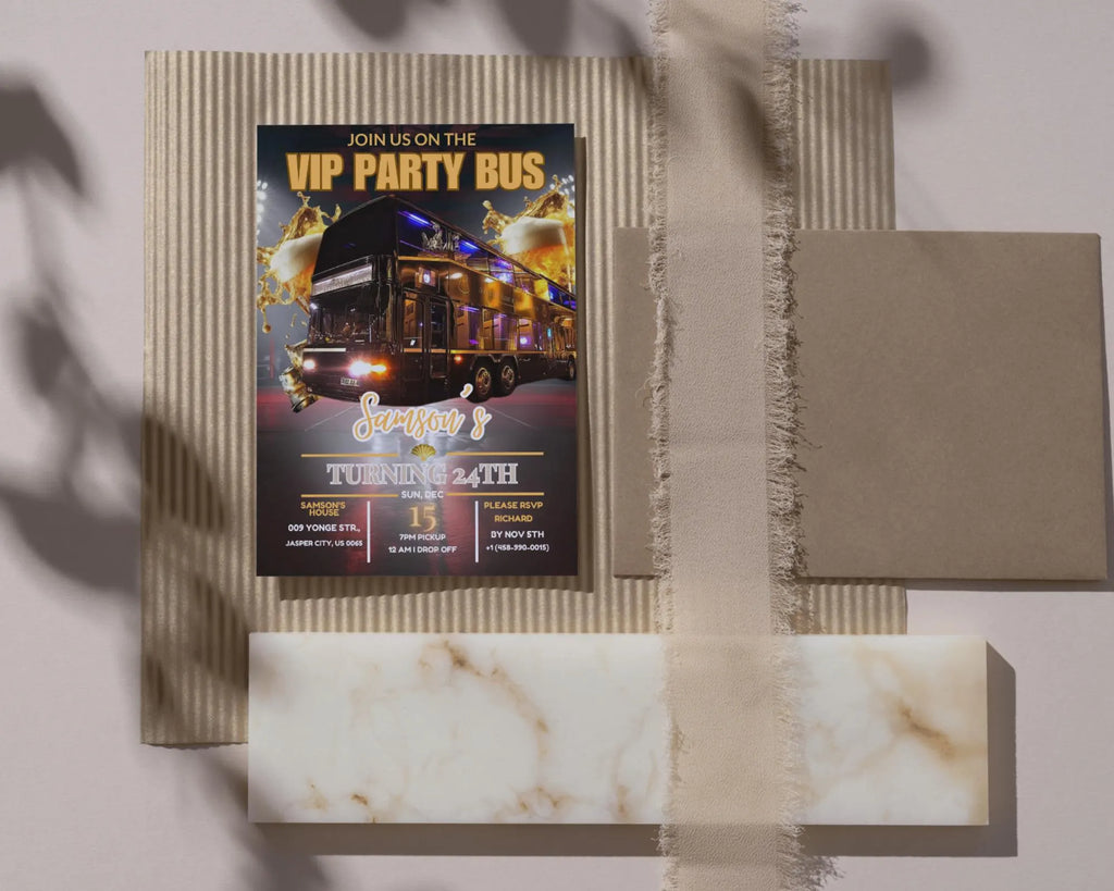 Party Bus Invitation| Black Gold Birthday Invite| Man's Night Out| Digital Birthday Evite| Man's Night Outing Invitation| Editable Template
