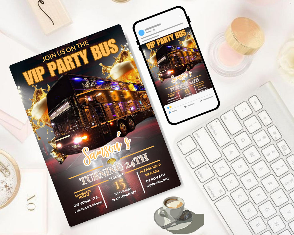 Party Bus Invitation| Black Gold Birthday Invite| Man's Night Out| Digital Birthday Evite| Man's Night Outing Invitation| Editable Template