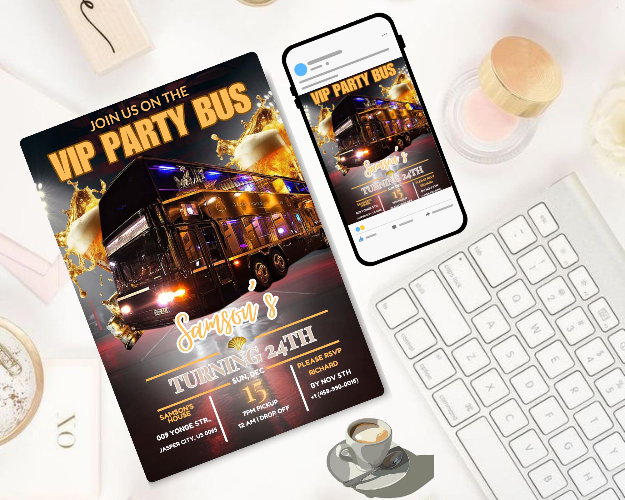 Party Bus Invitation| Black Gold Birthday Invite| Man's Night Out| Digital Birthday Evite| Man's Night Outing Invitation| Editable Template