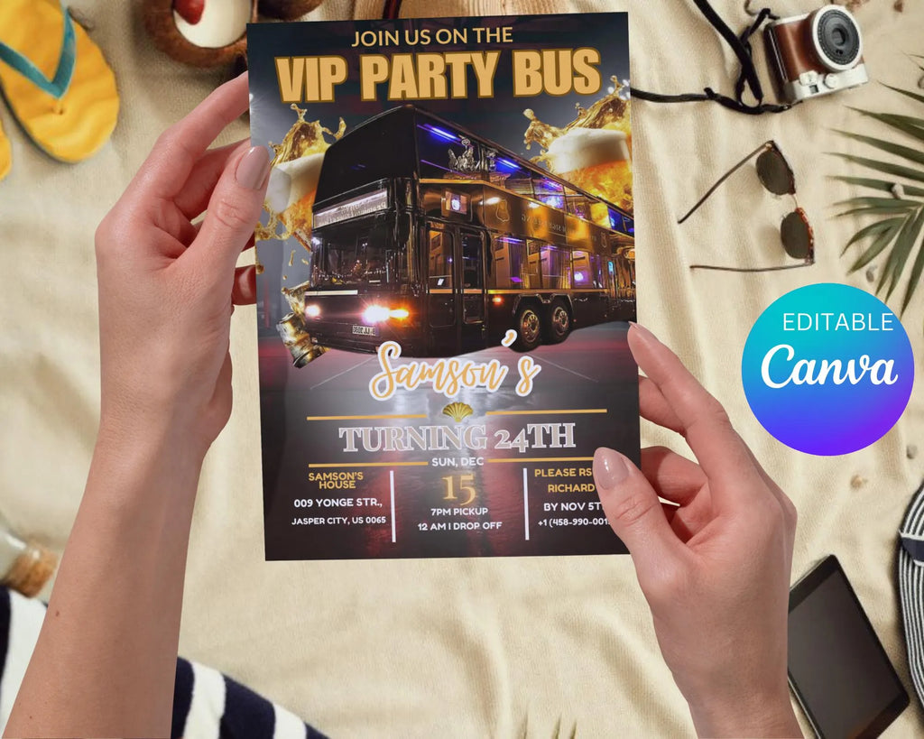 Party Bus Invitation| Black Gold Birthday Invite| Man's Night Out| Digital Birthday Evite| Man's Night Outing Invitation| Editable Template
