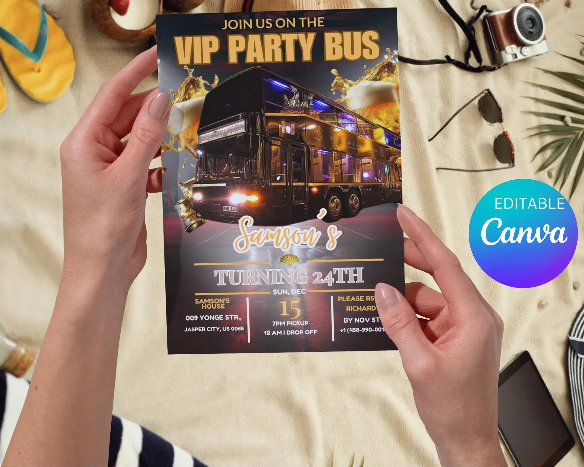 Party Bus Invitation| Black Gold Birthday Invite| Man's Night Out| Digital Birthday Evite| Man's Night Outing Invitation| Editable Template