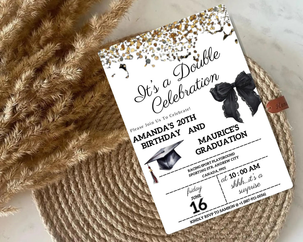 Adult Double Celebration Invitation| Birthday and Graduation Party Anniversaries| Gold Black Glitter Joint Party Invites| Editable Template
