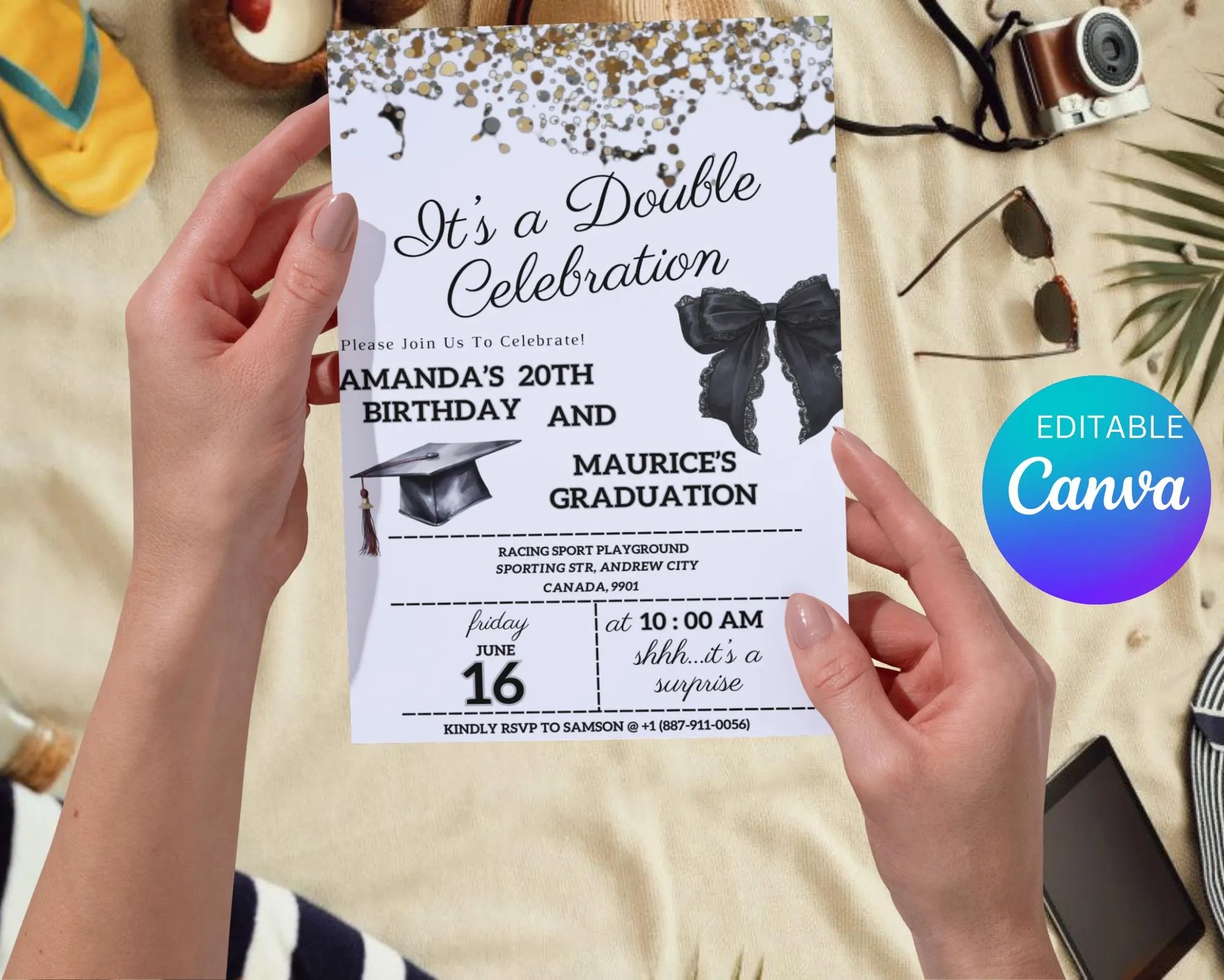 Adult Double Celebration Invitation| Birthday and Graduation Party Anniversaries| Gold Black Glitter Joint Party Invites| Editable Template