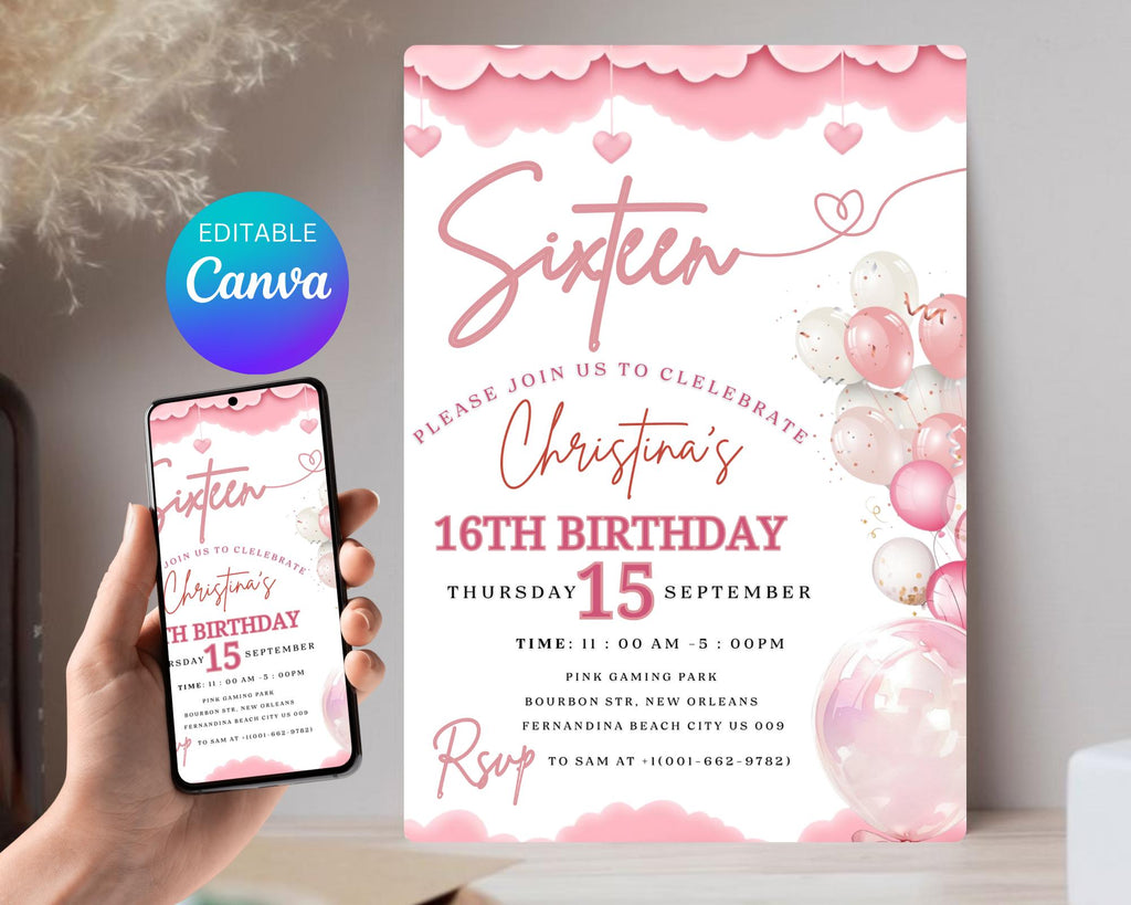 Teenager Birthday Invite| Editable Girls Birthday Invitation| Pink Balloons Invitation| Official Pink Teenager Invitation| Editable Template