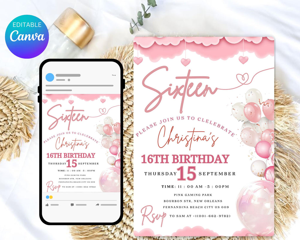 Teenager Birthday Invite| Editable Girls Birthday Invitation| Pink Balloons Invitation| Official Pink Teenager Invitation| Editable Template