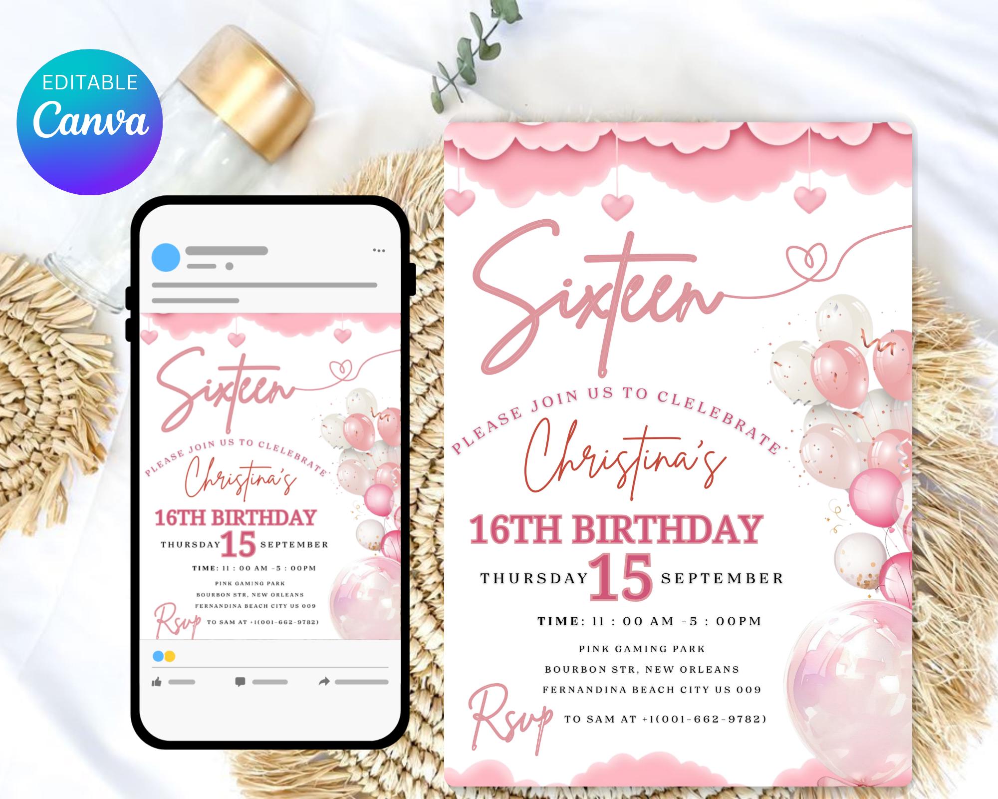 Teenager Birthday Invite| Editable Girls Birthday Invitation| Pink Balloons Invitation| Official Pink Teenager Invitation| Editable Template