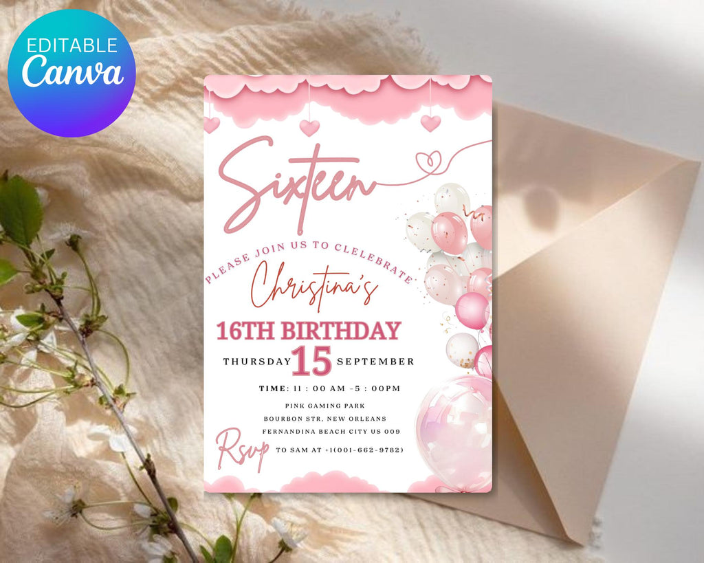 Teenager Birthday Invite| Editable Girls Birthday Invitation| Pink Balloons Invitation| Official Pink Teenager Invitation| Editable Template
