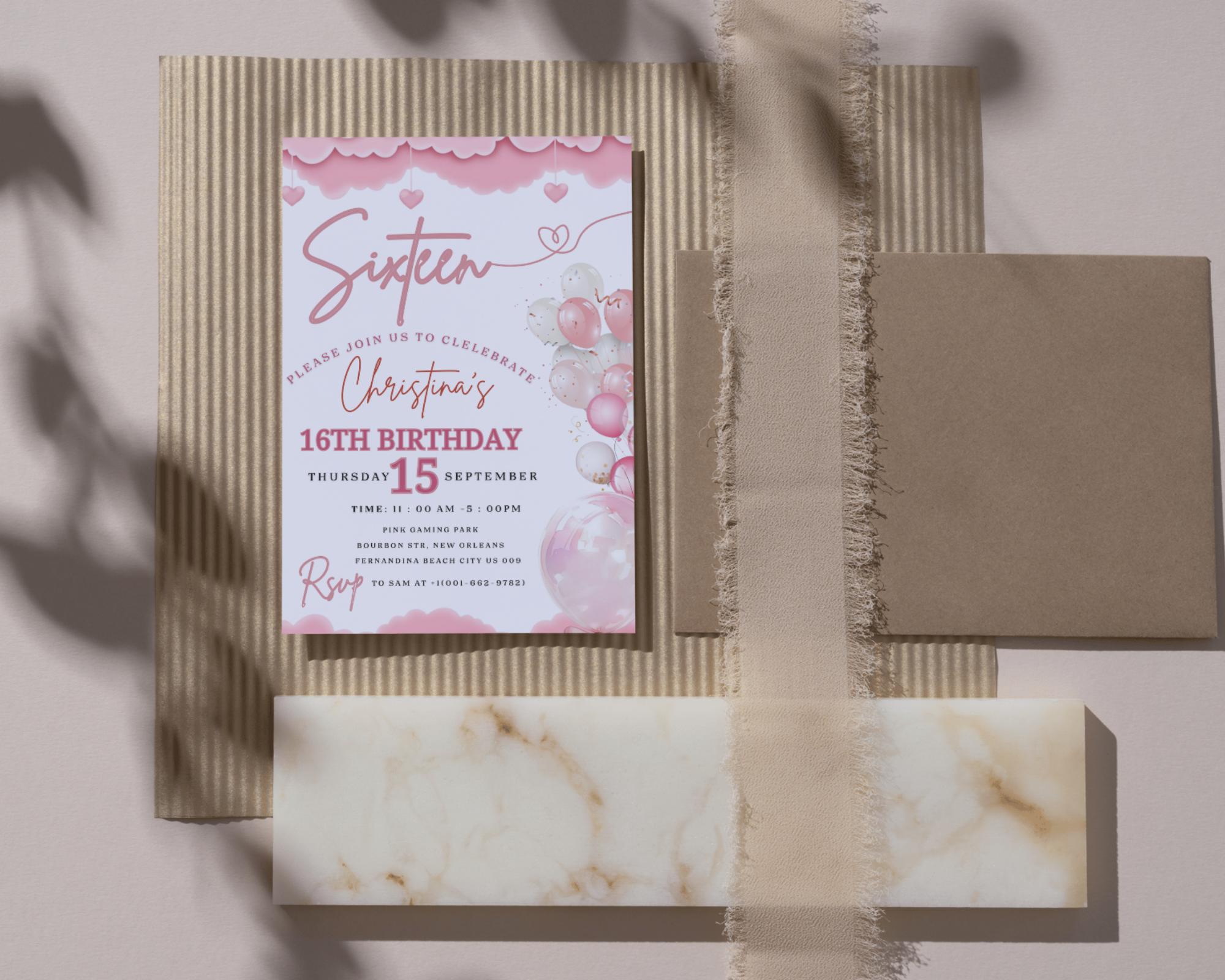 Teenager Birthday Invite| Editable Girls Birthday Invitation| Pink Balloons Invitation| Official Pink Teenager Invitation| Editable Template