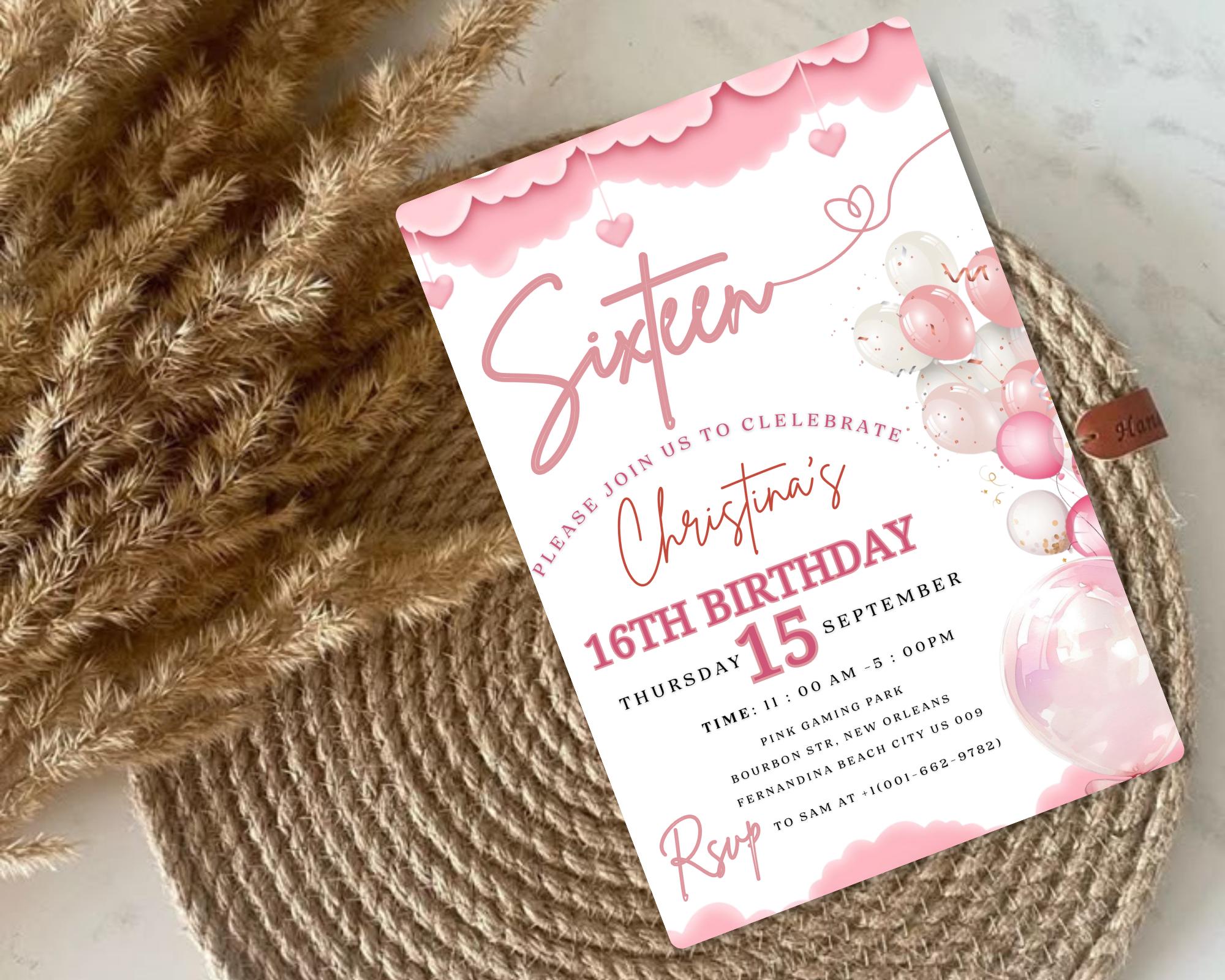 Teenager Birthday Invite| Editable Girls Birthday Invitation| Pink Balloons Invitation| Official Pink Teenager Invitation| Editable Template