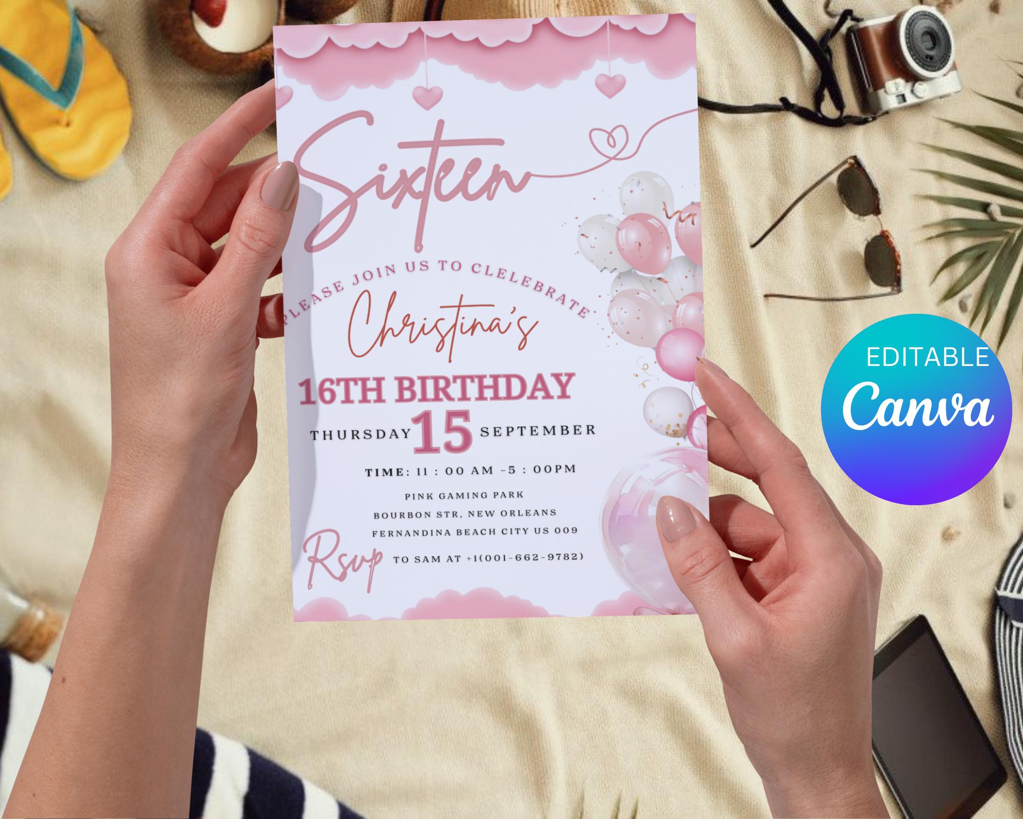 Teenager Birthday Invite| Editable Girls Birthday Invitation| Pink Balloons Invitation| Official Pink Teenager Invitation| Editable Template