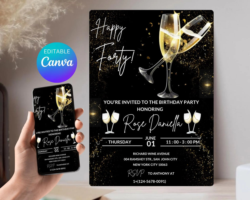 Champagne Birthday Invitation| Champagne Party Invitation| Champagne Invitation Adult Birthday| Black And Gold Champagne| Editable Template