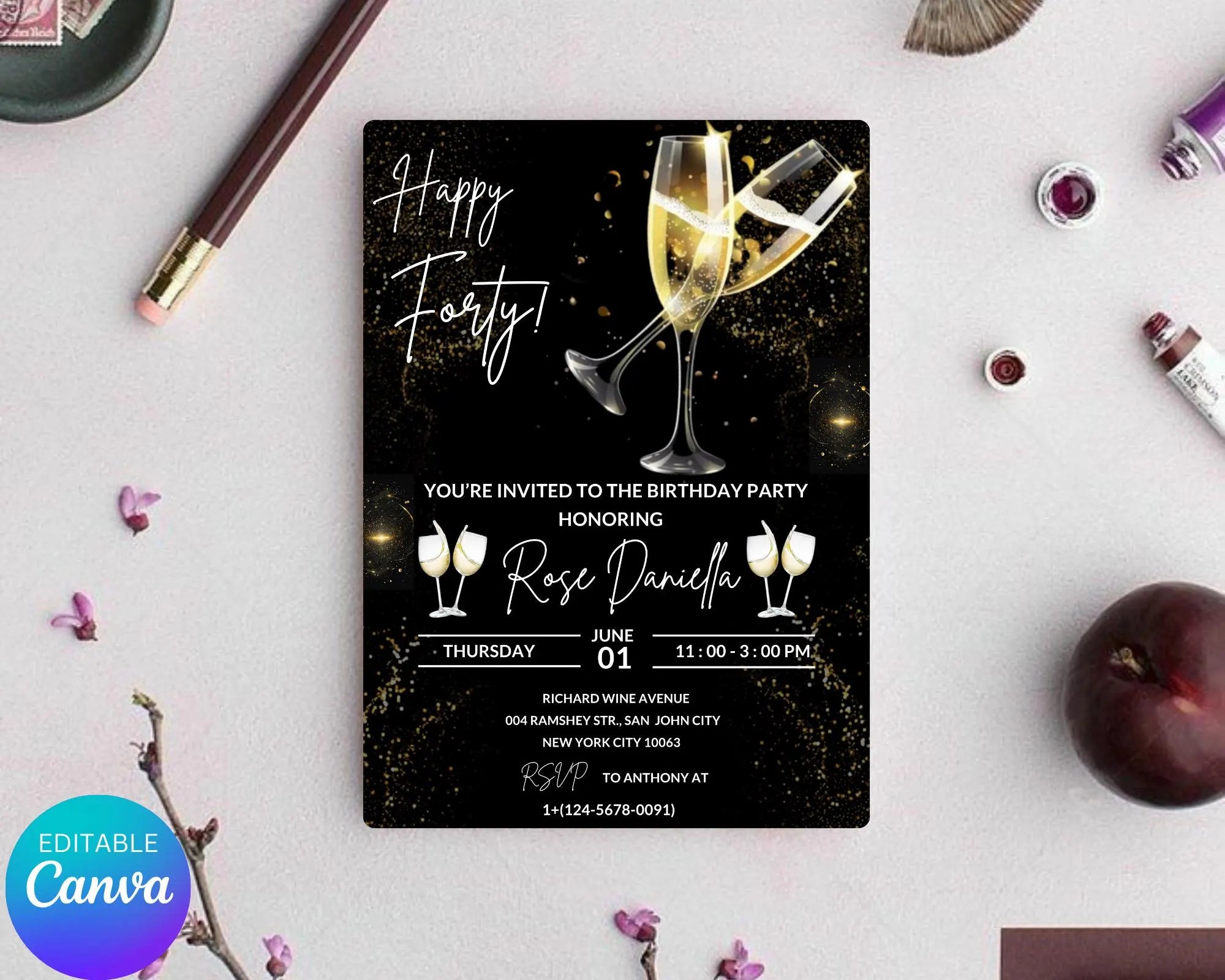 Champagne Birthday Invitation| Champagne Party Invitation| Champagne Invitation Adult Birthday| Black And Gold Champagne| Editable Template
