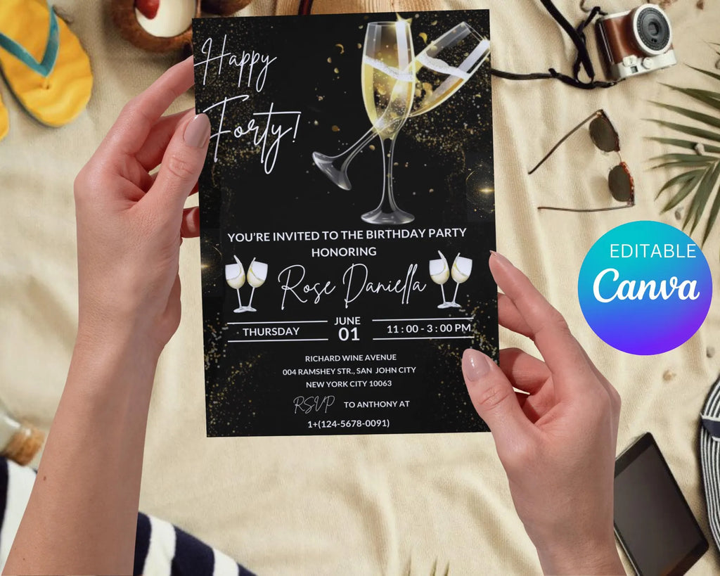 Champagne Birthday Invitation| Champagne Party Invitation| Champagne Invitation Adult Birthday| Black And Gold Champagne| Editable Template