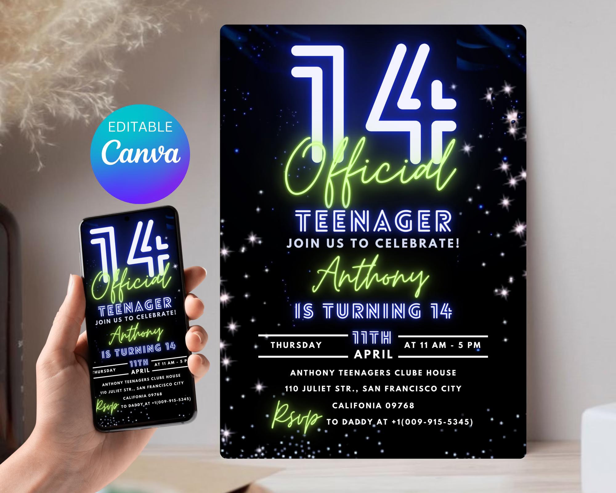 Teen Boy Birthday Invitation Template| 14th Birthday Party Invite| 14Th Invitation| Official Fourteen Boy Birthday Invite| Editable Template