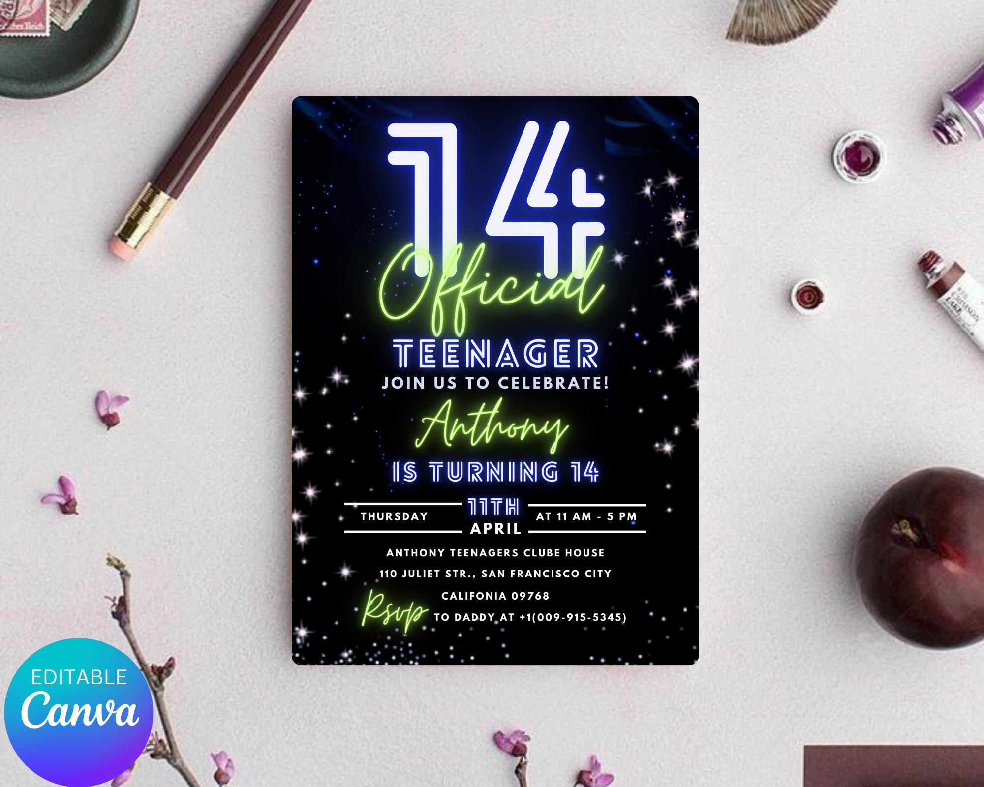 Teen Boy Birthday Invitation Template| 14th Birthday Party Invite| 14Th Invitation| Official Fourteen Boy Birthday Invite| Editable Template