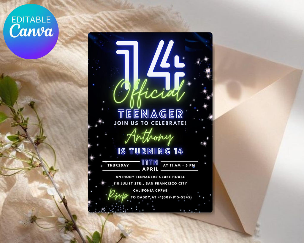 Teen Boy Birthday Invitation Template| 14th Birthday Party Invite| 14Th Invitation| Official Fourteen Boy Birthday Invite| Editable Template