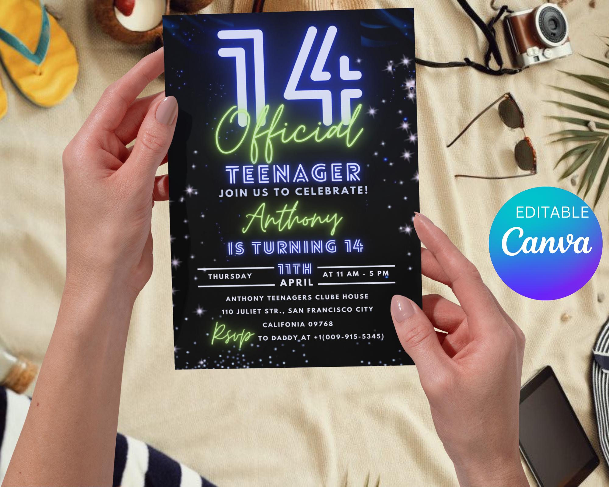 Teen Boy Birthday Invitation Template| 14th Birthday Party Invite| 14Th Invitation| Official Fourteen Boy Birthday Invite| Editable Template