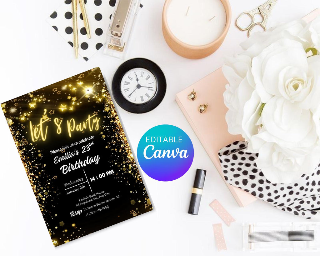 Neon Gold Light Digital Party e-invite| Golden Party Invitation Black Neon Gold e-Invite| Neon Golden Birthday Invitation| Editable Template