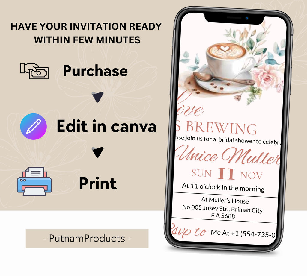 Editable Love Is Brewing Bridal Shower invitation, Coffee Bridal Shower invitation, Printable Brunch Invite, coffee invite