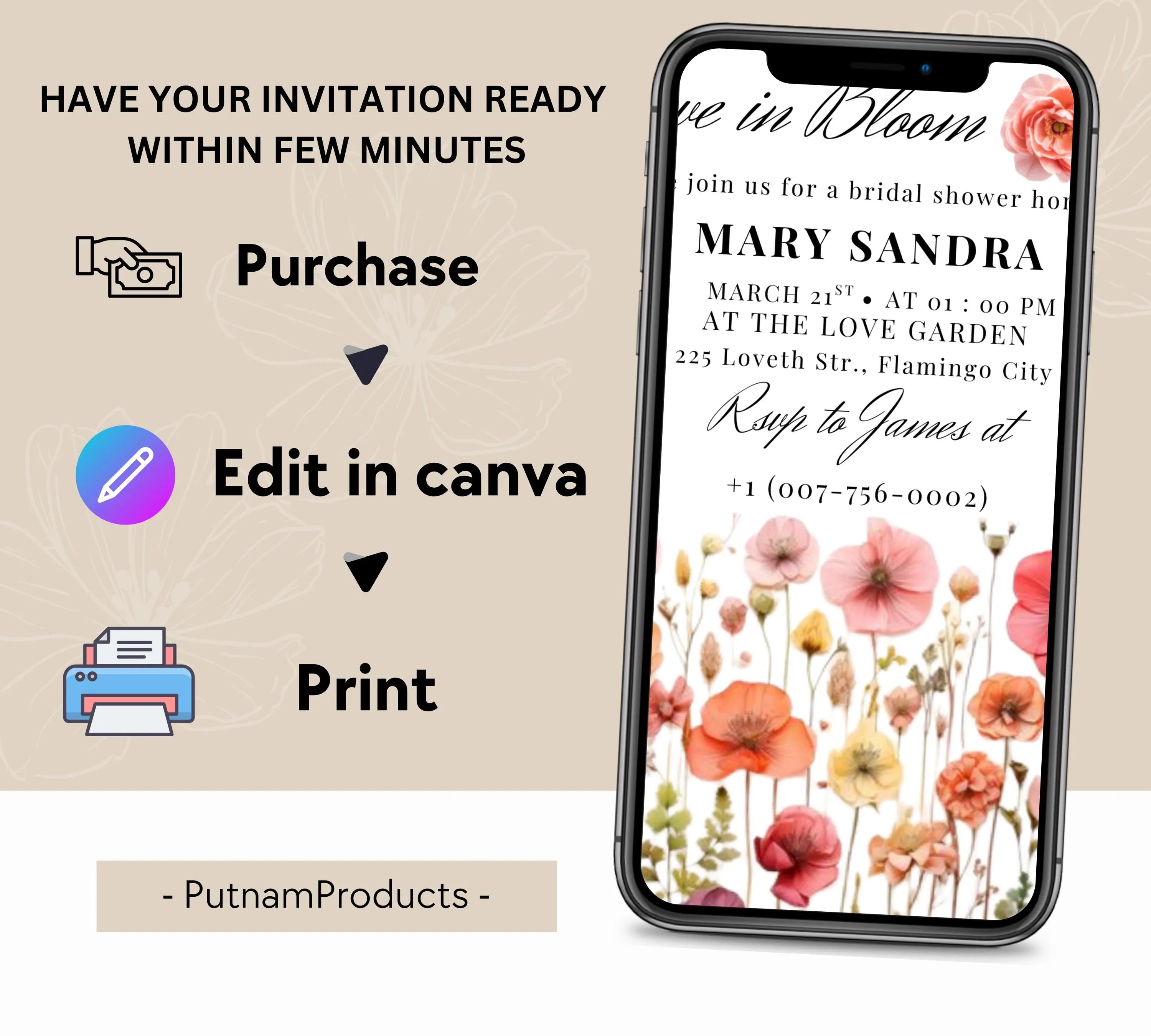 Love In Bloom Wildflower Bridal Shower invite template, Editable Wildflower Bridal Shower Invitation, wildflower Floral Bridal Shower Decor