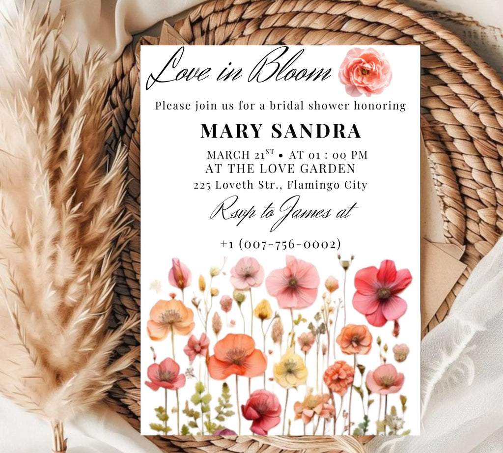 Love In Bloom Wildflower Bridal Shower invite template, Editable Wildflower Bridal Shower Invitation, wildflower Floral Bridal Shower Decor