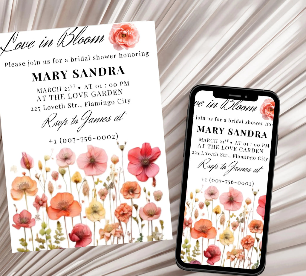 Love In Bloom Wildflower Bridal Shower invite template, Editable Wildflower Bridal Shower Invitation, wildflower Floral Bridal Shower Decor