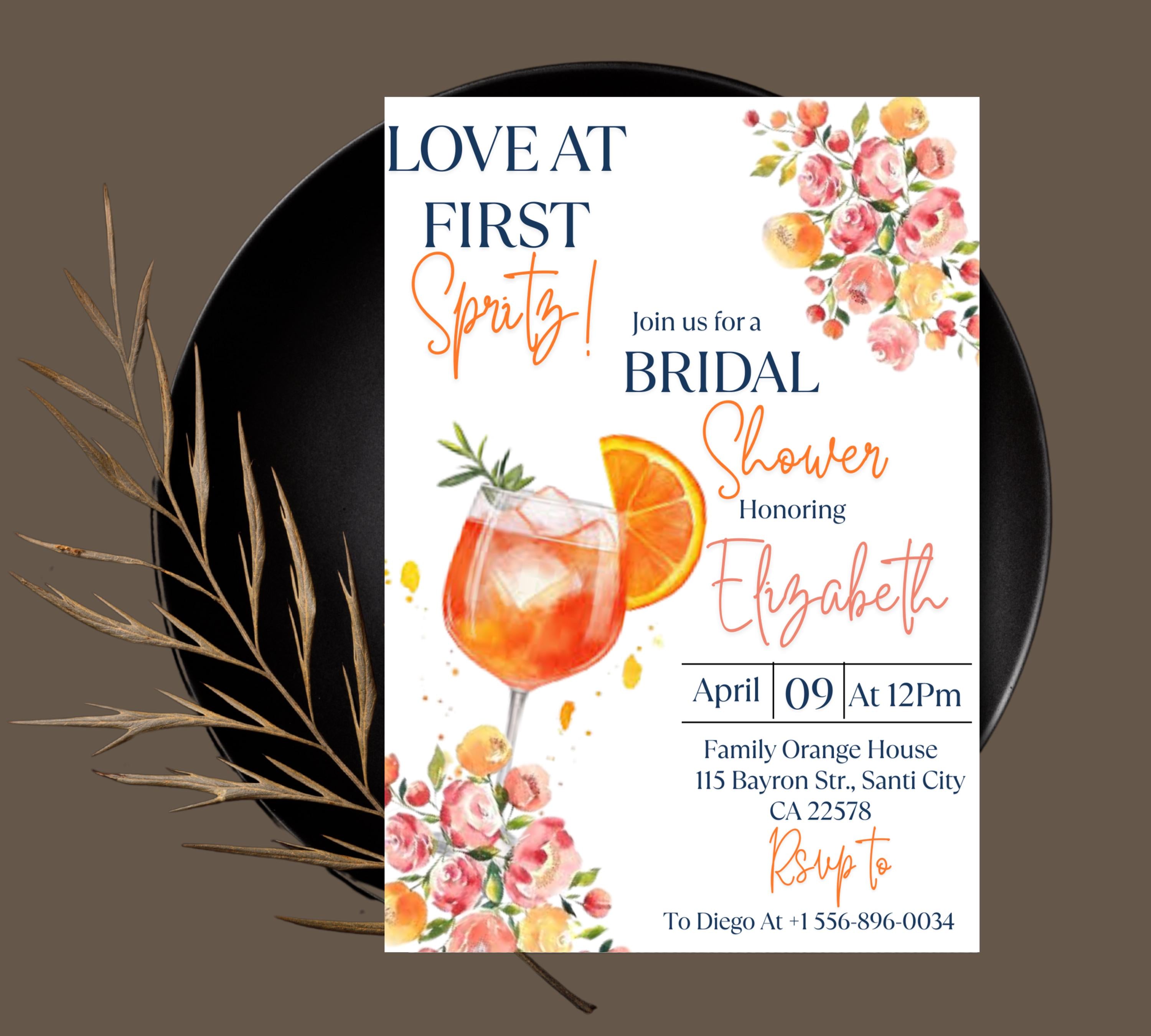 Love at First Spritz Bridal Shower invitation, Aperol Spritz Bridal Shower Invite, Citrus Bridal Brunch, Orange Bridal Shower Bright Florals