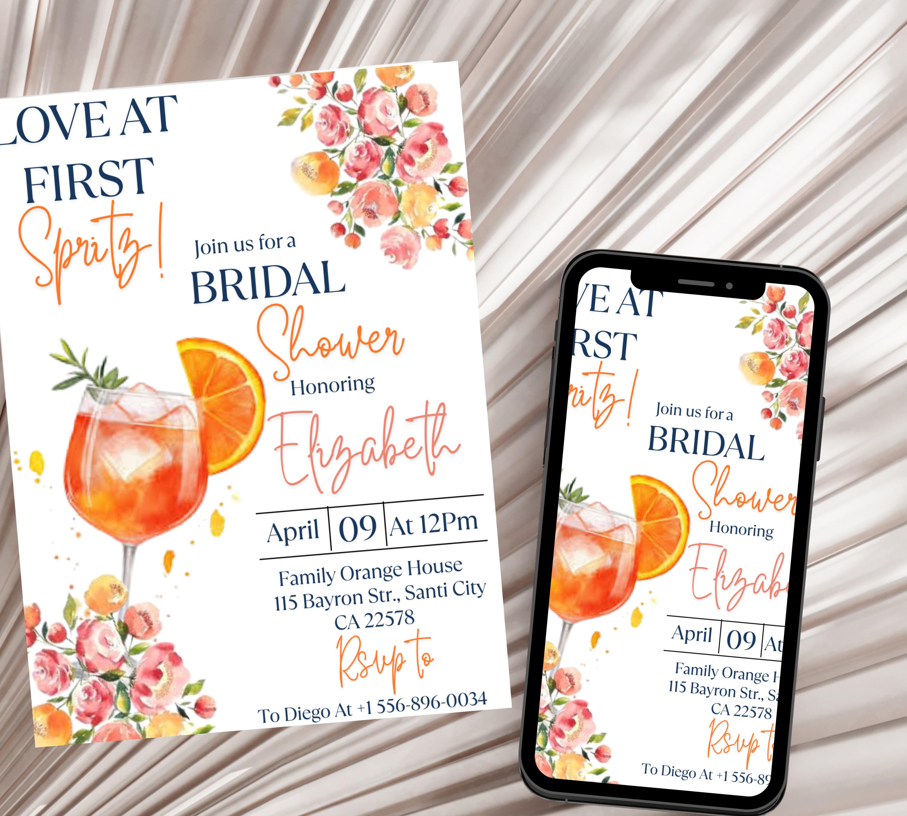 Love at First Spritz Bridal Shower invitation, Aperol Spritz Bridal Shower Invite, Citrus Bridal Brunch, Orange Bridal Shower Bright Florals